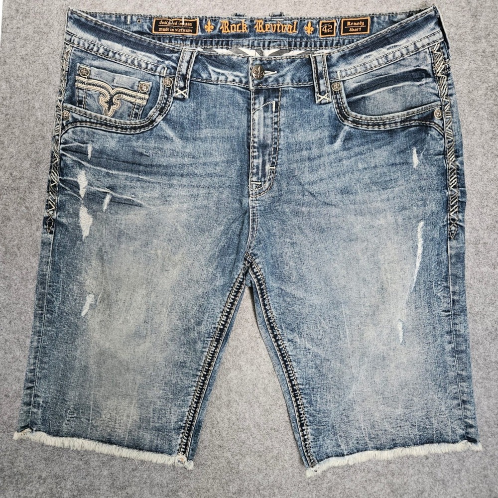 Rock Revival Y2k Remedy Short Mens 42 Distressed Blue Denim Embroidered Shorts